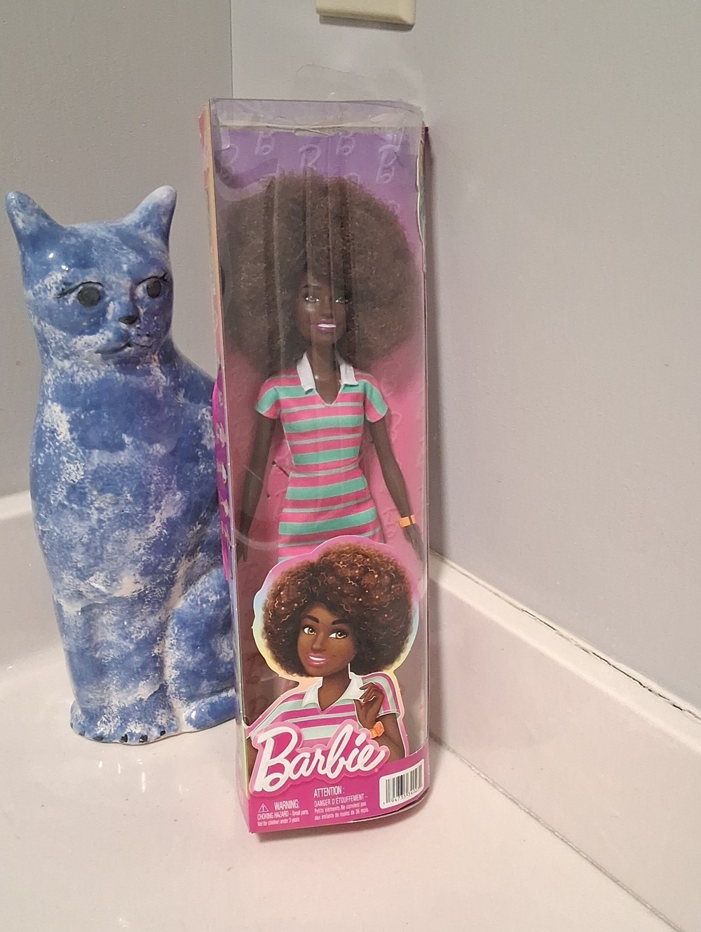 Barbie Fashionista Doll #247 with Brown Afro in Pink & Green Striped Dress